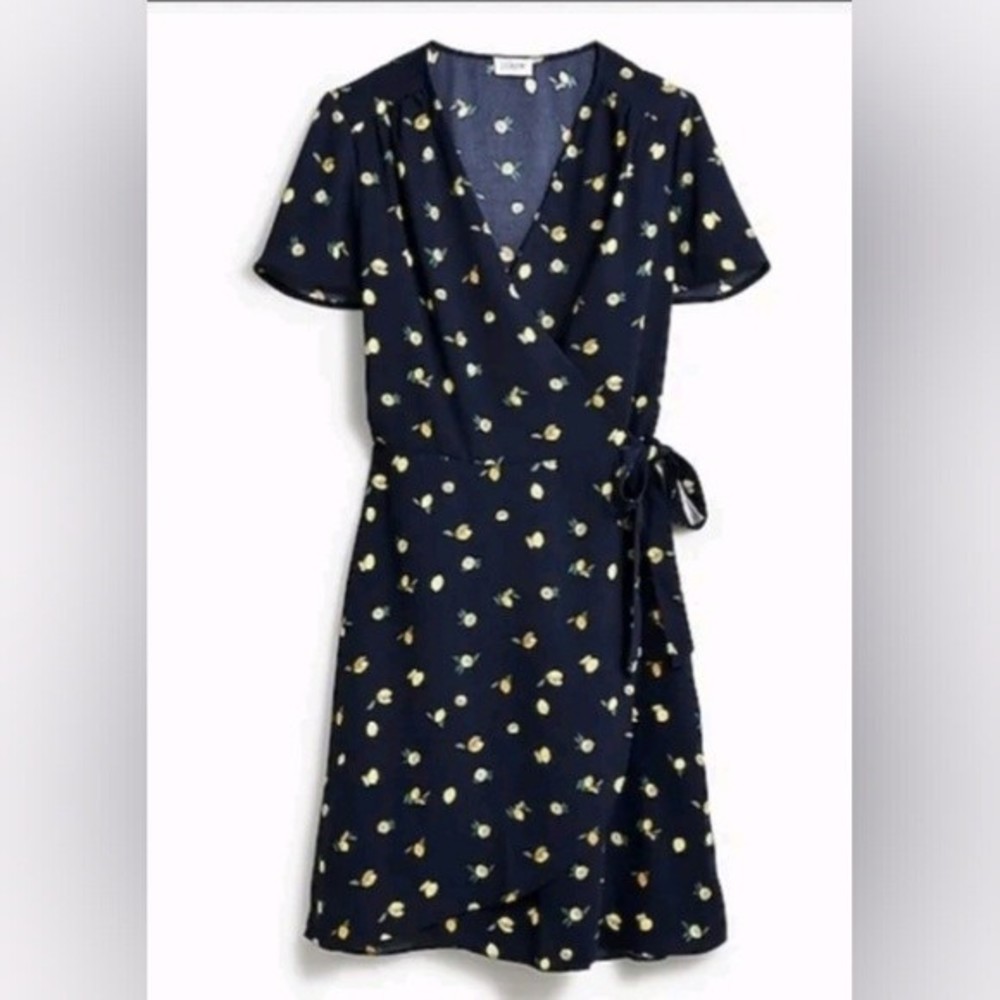 J. Crew Lemon Fruit Print Blue True Wrap Dress Women's 4